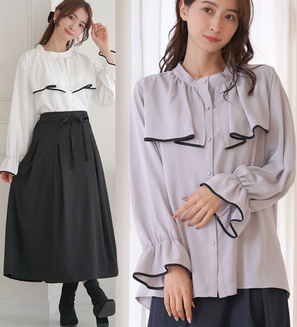 「【Ｌ～６Ｌ】【ＭａｒｉｌｙｎＳｗｅｅｔ】体型別フェミニン パイピングフリルブラウス（ブラウス）」｜詳細画像