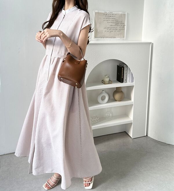 GeeRA（ジーラ）の「クレリック配色ウエストギャザーシャツワンピ―ス（シャツワンピース）」｜詳細画像