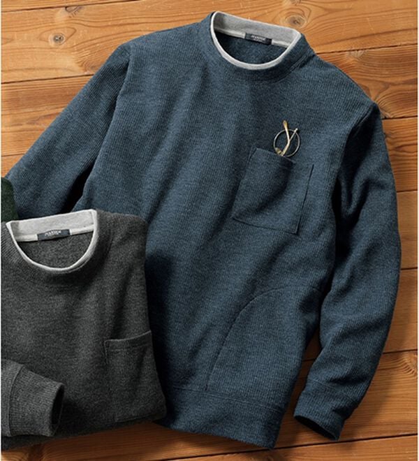 「重ね着手間いらずの上品見え杢調ニットトレーナー（メンズトレーナー）」｜杢ネイビー