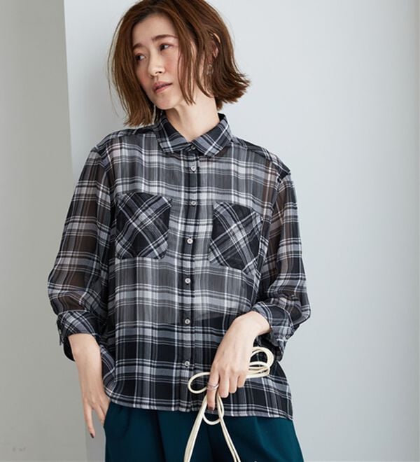 BELLUNA（ベルーナ）の「シフォン楊柳チェック柄プリントシャツ（シャツ）」｜黒系チェック