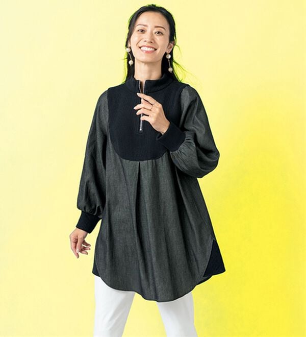 ルフラン（ルフラン）の「ニット&times;デニムのジップ使いチュニック（チュニック）」｜黒系
