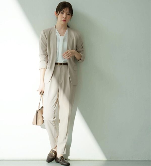 GeeRA（ジーラ）の「【ジャケット+パンツ】洗濯機で洗えるのびのび！ストレッチカットソーセットアップスーツ（パンツスーツ）」｜詳細画像