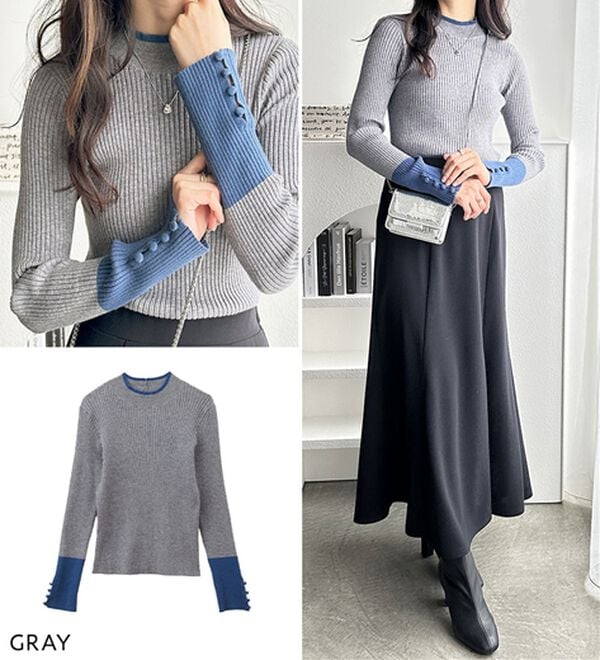 GeeRA（ジーラ）の「配色デザインくるみボタン付リブニット（ニット・セーター）」｜詳細画像