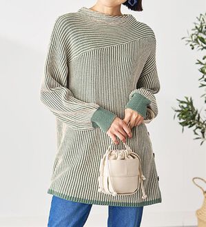 BELLUNA（ベルーナ）の「ボタン使いストライプジャカード切替ニットチュニック（チュニック）」｜セージ