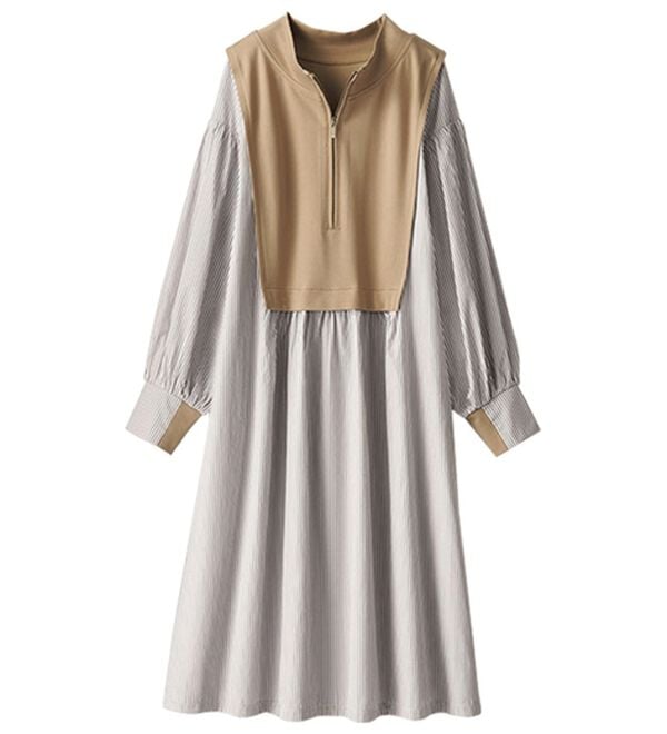 BELLUNA（ベルーナ）の「ハーフジップ使いストライプ切替ワンピース（チュニック）」｜詳細画像