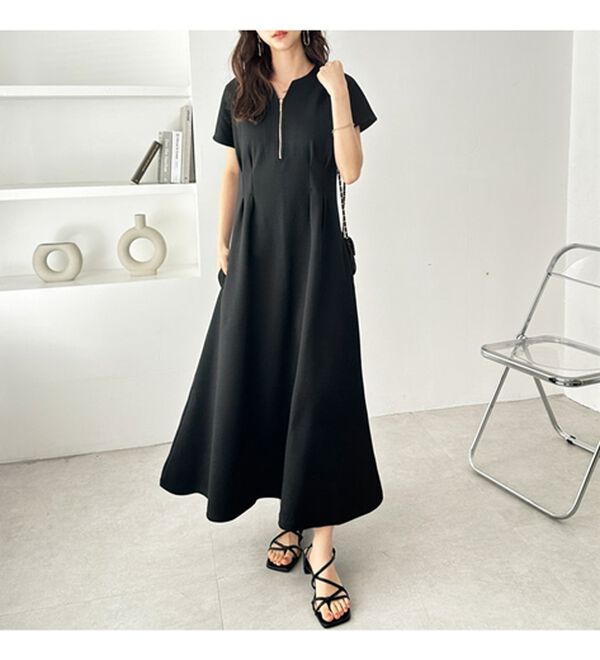 PGG】パイルメッシュ ハーフジップアップワンピース