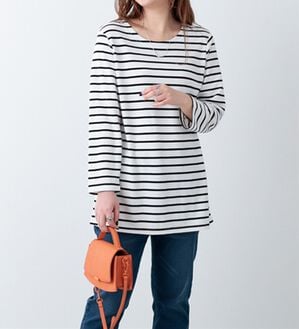 BELLUNA（ベルーナ）の「柔らかポンチ素材ボーダープルオーバー（カットソー）」｜オフ白&times;黒