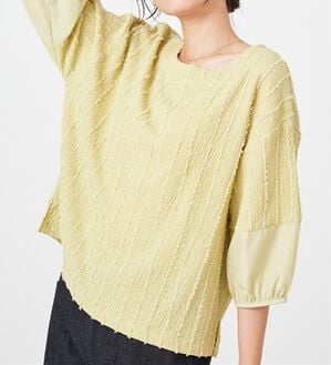 BELLUNA（ベルーナ）の「楊柳ストライプ刺しゅうブラウス（カットソー）」｜イエローグリーン