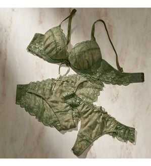 YU'NOW（ユナウ）の「【３点セット】ヌーディーレースブラ＆ショーツ＆Ｔバック（ブラジャー＆ショーツセット）」｜カーキ