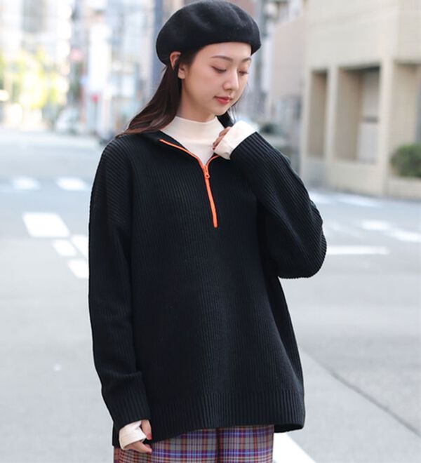 「【Ｌ～６Ｌ】配色＆同色ファスナーから選べる 畦編みハーフジップニット（ニット・セーター）」｜詳細画像