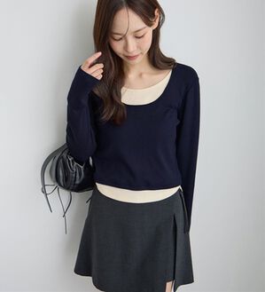 CHAN ME（チャンミ）の「レイヤード風ラウンドネック長袖トップス（カットソー）」｜ネイビー