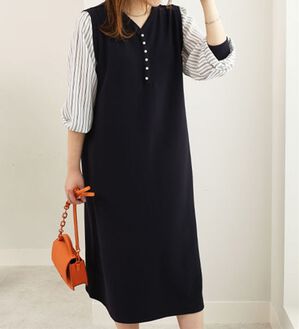 BELLUNA（ベルーナ）の「ジャカード素材袖切替ワンピース（カットソーワンピース）」｜ネイビー系