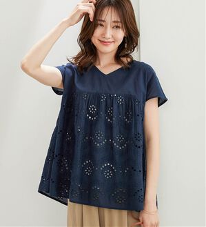 BELLUNA（ベルーナ）の「<INDIA>刺しゅうレース切替ブラウス（ブラウス）」｜ネイビー