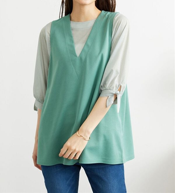 BELLUNA（ベルーナ）の「【2点セット】ストライプシャツ&times;ベストアンサンブル（アンサンブル）」｜詳細画像