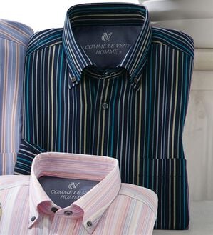 「＜コムルヴァン・オム＞毎日快適ソフトオックスシャツ（メンズシャツ）」｜ネイビーストライプ