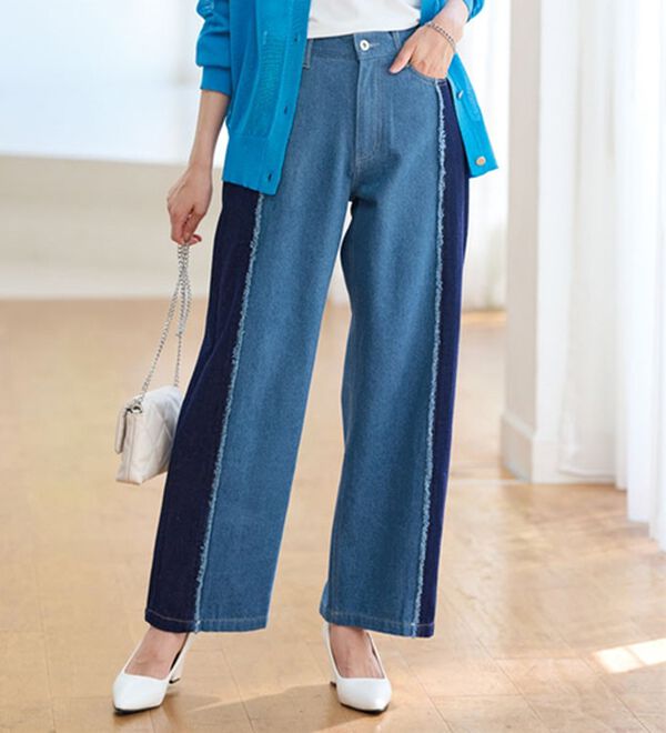 BELLUNA（ベルーナ）の「細見せ！フリンジデニムパンツ（フルレングスパンツ）」｜インディゴ