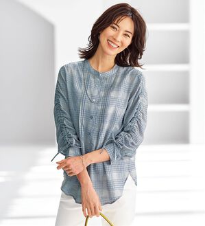 シアーチェック素材袖ドロストブラウス - ベルーナ【公式】