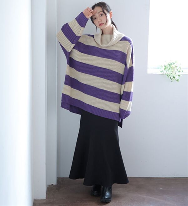 「【ＬＬ～４Ｌ】オフタートルワイドボーダーニットプルオーバー（ニット・セーター）」｜詳細画像