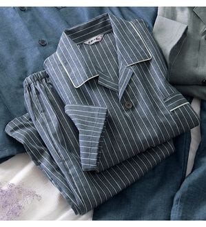 「日本製柔らか素材のデニム調パジャマ（メンズルームウェア）」｜ストライプ