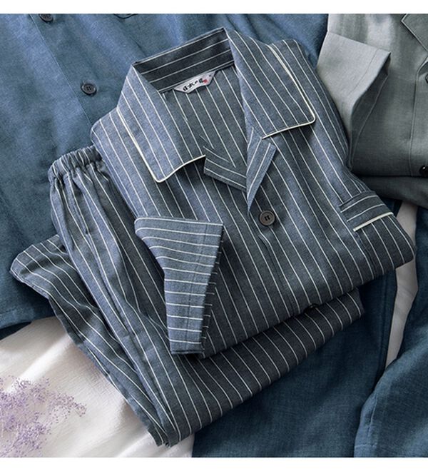 「日本製柔らか素材のデニム調パジャマ（メンズルームウェア）」｜ストライプ