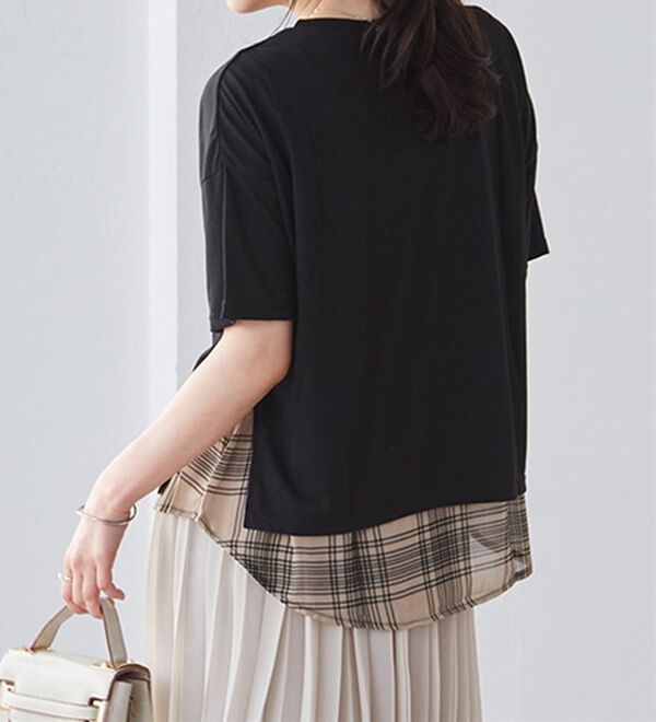 RANAN（ラナン）の「チェック柄異素材使いTシャツ（カットソー）」｜詳細画像