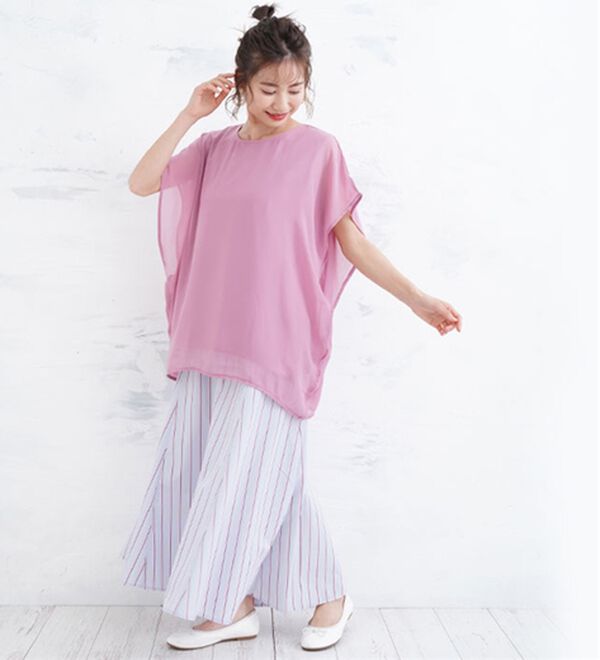 A HAPPY MARILYN（アハッピーマリリン）の「【麗シルエット】綿１００％ 二の腕周りをひらっと隠す シフォン重ね ブラウス（ブラウス）」｜詳細画像