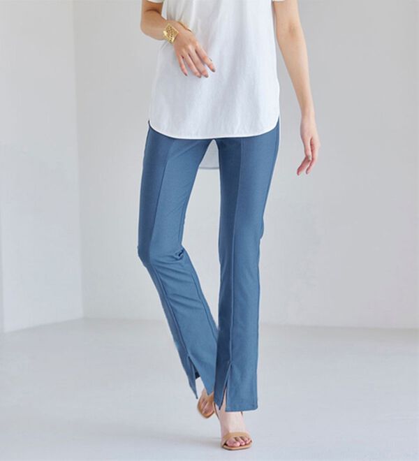 RANAN（ラナン）の「ひんやり！デニム調スリットパンツ（フルレングスパンツ）」｜デニム調ライトブルー