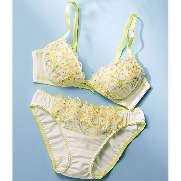 YU'NOW（ユナウ）の「ぷるるん谷間のノンワイヤーブラ＆ショーツセット（ブラジャー＆ショーツセット）」｜オフホワイト系ミモザレース
