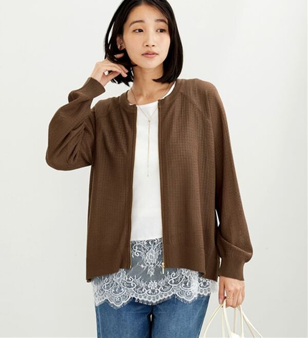 BELLUNA（ベルーナ）の「ジッパー使い透かし編ニットカーディガン（ニットカーディガン）」｜詳細画像