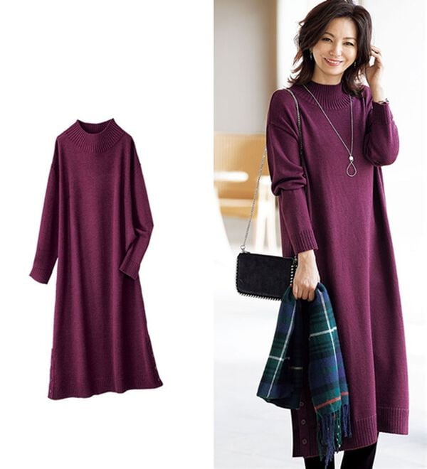 ボタン使いハイネックニットワンピース - ベルーナ【公式】