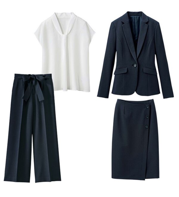 GeeRA（ジーラ）の「【ジャケット+2ボトム】洗えるストレッチ！ジャケット＆ブラウス＆ワイドパンツ＆スカートスーツセット（パンツスーツ）」｜詳細画像