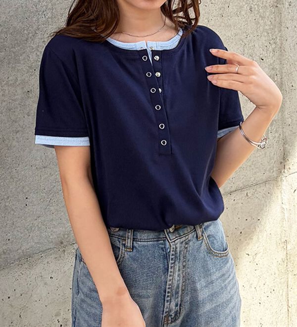 RANAN（ラナン）の「レイヤード風ヘンリーネックTシャツ（カットソー）」｜詳細画像