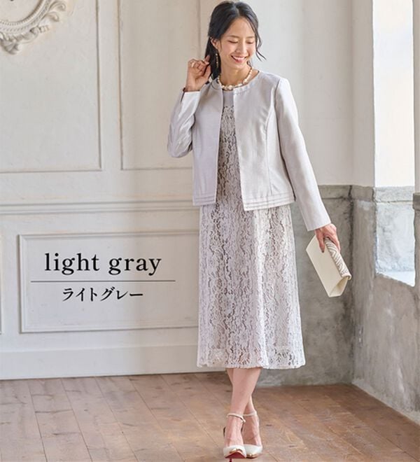 BELLUNA（ベルーナ）の「シャンタン素材ノーカラージャケットレースワンピースアンサンブル（ワンピースセットスーツ）」｜詳細画像