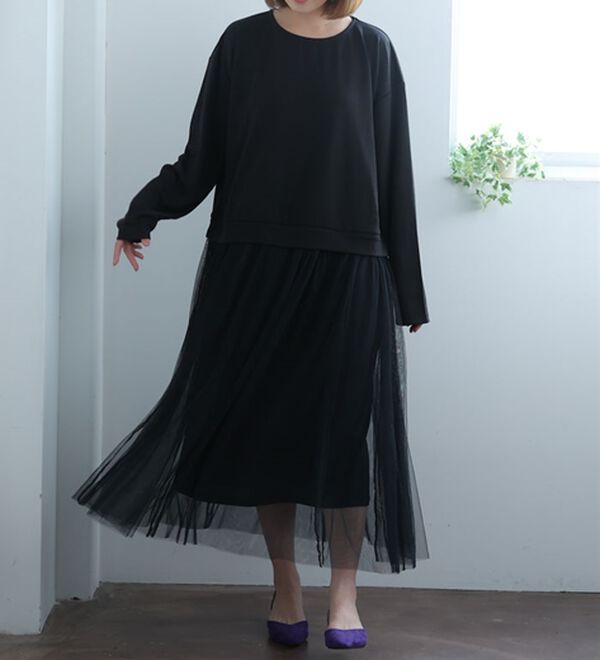 A HAPPY MARILYN（アハッピーマリリン）の「【Ｌ～６Ｌ】ゆるっと着られるチュールスカートドッキングワンピース（ドッキングワンピース）」｜ブラック&times;ブラック
