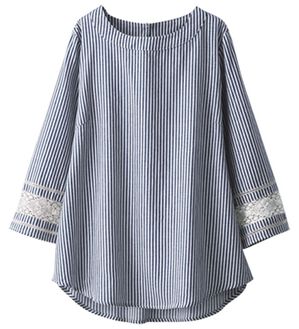 BELLUNA（ベルーナ）の「綿麻素材袖レース切替ブラウス（ブラウス）」｜細ストライプ