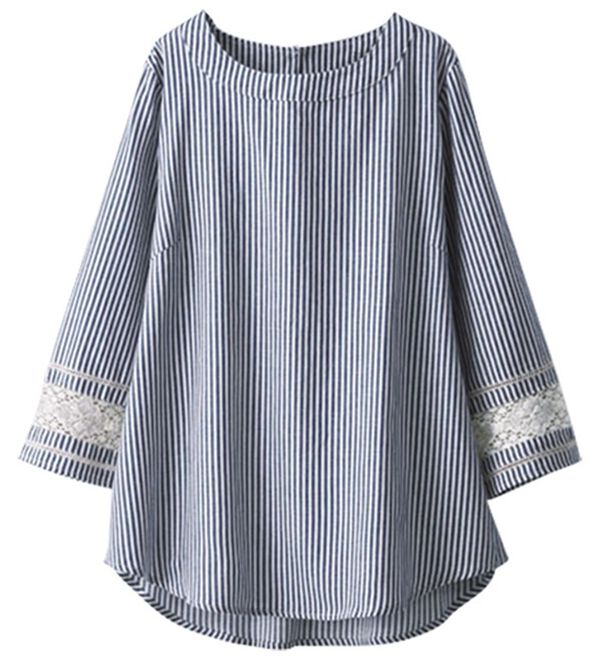 BELLUNA（ベルーナ）の「綿麻素材袖レース切替ブラウス（ブラウス）」｜細ストライプ