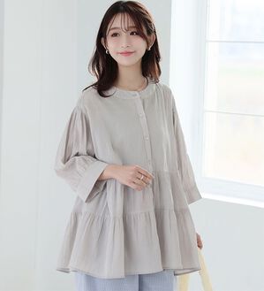 A HAPPY MARILYN（アハッピーマリリン）の「【Ｌ～６Ｌ】【風通るプレミアム】綿・楊柳七分袖ティアードブラウス（ブラウス）」｜詳細画像