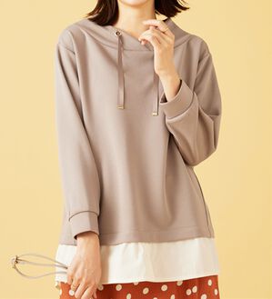 BELLUNA（ベルーナ）の「ワイドネックデザインシャツ切替チュニック（チュニック）」｜ベージュ／ベージュ