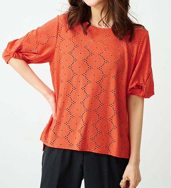 RANAN（ラナン）の「ジャカード素材ボリューム袖プルオーバー（カットソー）」｜オレンジ