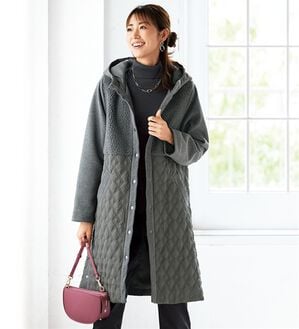 BELLUNA（ベルーナ）の「おしゃれの主役ボア中わた切替ロングコート（ロングコート）」｜グレー