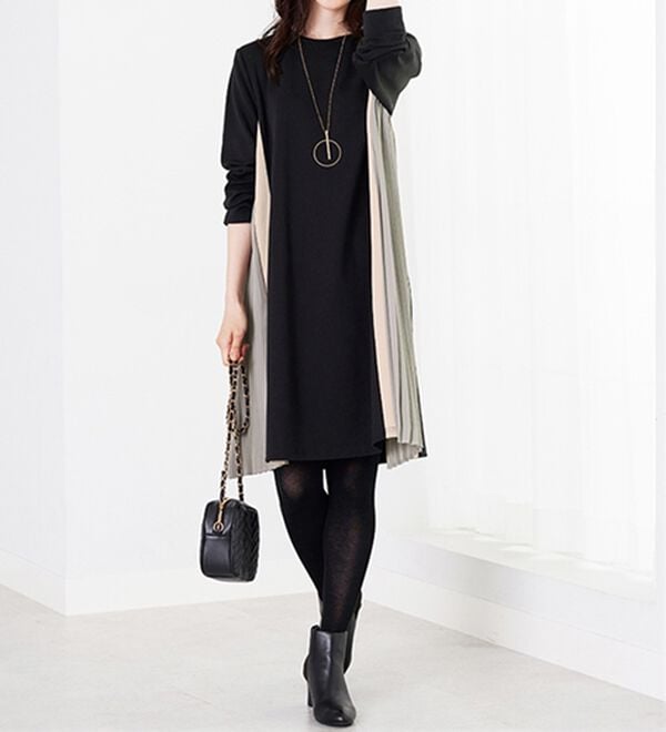 BELLUNA（ベルーナ）の「サイドプリーツ配色切替ワンピース（チュニックワンピース）」｜詳細画像