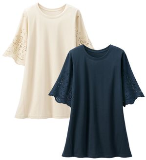 「【２色組】袖レースの体型カバーチュニック（チュニック）」｜2色組