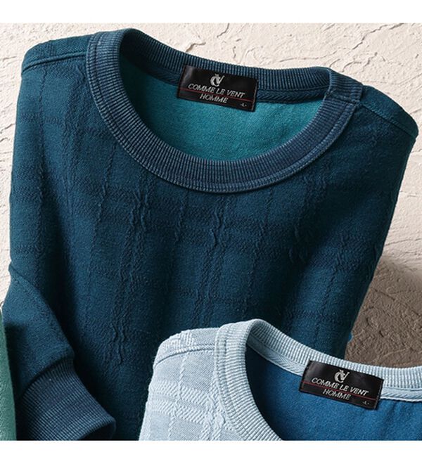 「＜コムルヴァン・オム＞チェック柄ふくれジャカードトレーナー（メンズトレーナー）」｜ネイビー