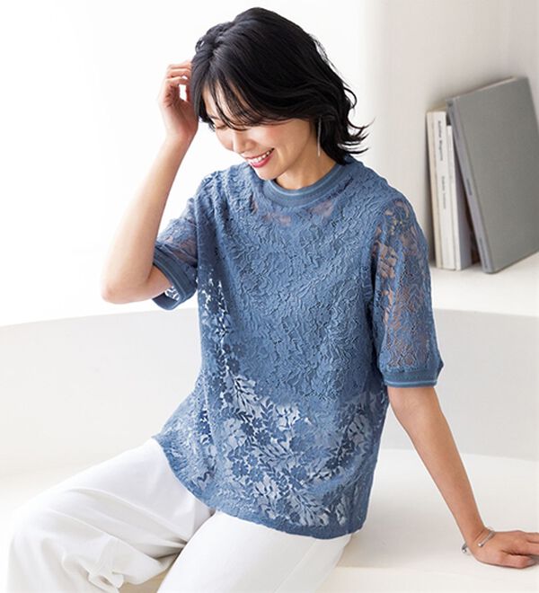 BELLUNA（ベルーナ）の「リブデザインレースプルオーバー（ブラウス）」｜ブルー