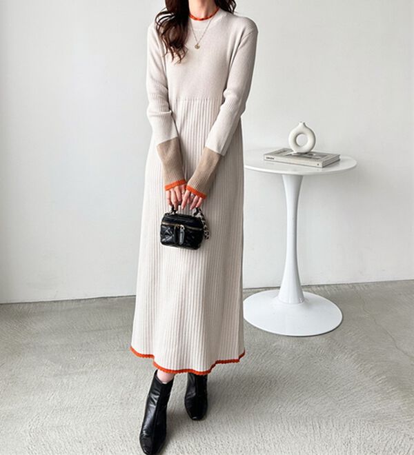 全骨格細見え！配色リブニットワンピース - ベルーナ【公式】