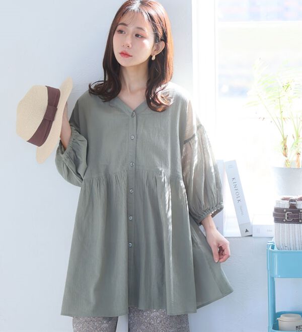 A HAPPY MARILYN（アハッピーマリリン）の「【Ｌ～６Ｌ】【風通るプレミアム】綿・楊柳、七分袖ウエストギャザーブラウス。（ブラウス）」｜詳細画像