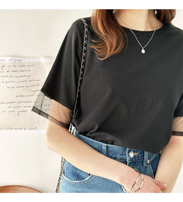 GeeRA（ジーラ）の「綿１００％袖シアー切替シルケットＴシャツ（Tシャツ）」｜詳細画像