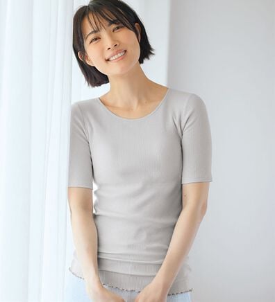 「＜ＨｕｇＲｅａｍコットン＞吸湿発熱綿混リブカップ付（半袖）（肌着・インナーウェア）」