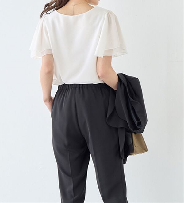 alotta（アロッタ）の「【５つの機能付】ひんやり！インナー付きフリル袖シフォンタックブラウス（ブラウス）」｜詳細画像