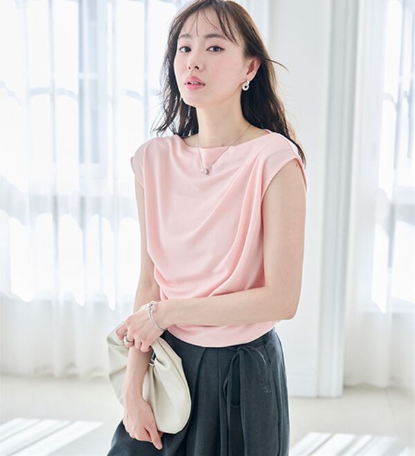 RANAN（ラナン）の「【ひんやり・ＵＶ】タックドレープフレンチスリーブカットソー（Tシャツ）」｜詳細画像